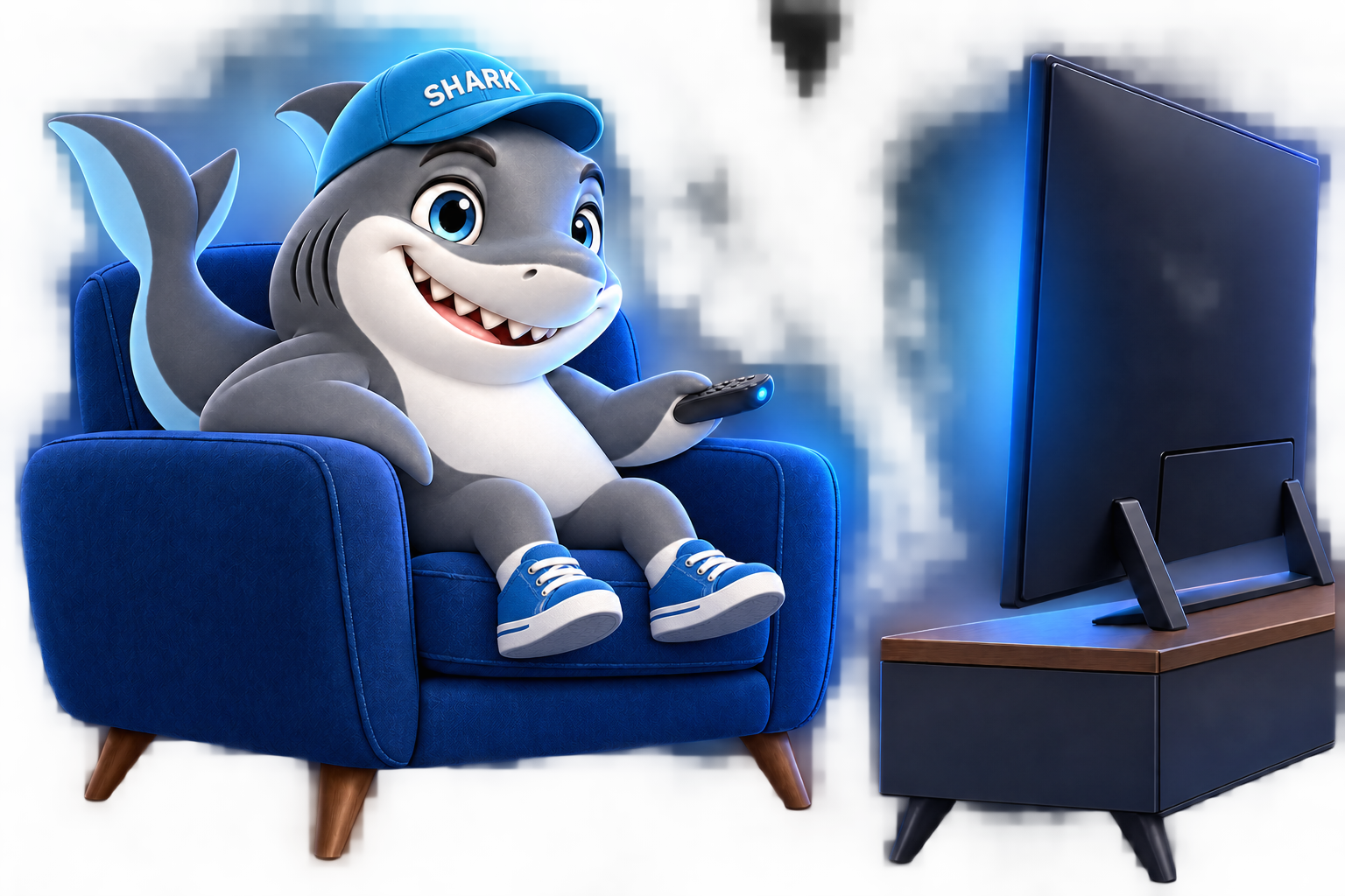Mascote Shark de boné azul, relaxando na poltrona enquanto assiste à TV
